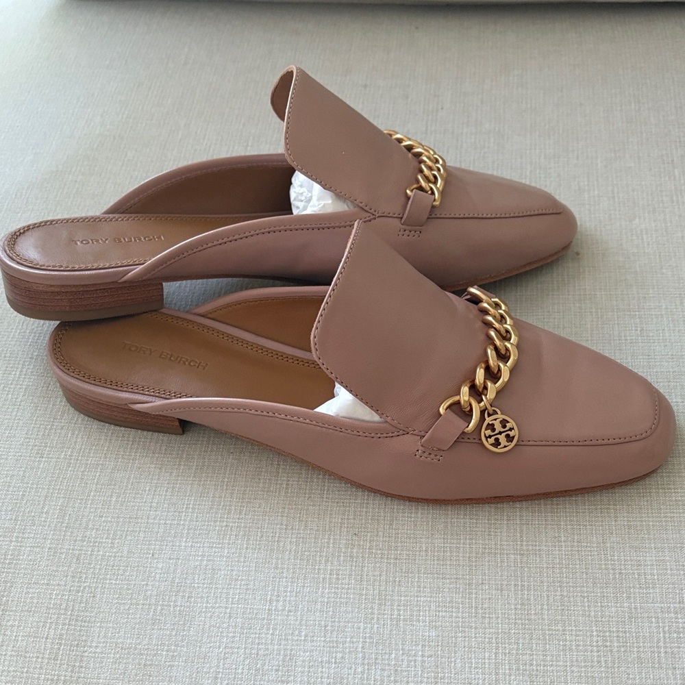 Tory Burch Blush Leather Mules with Gold Chain